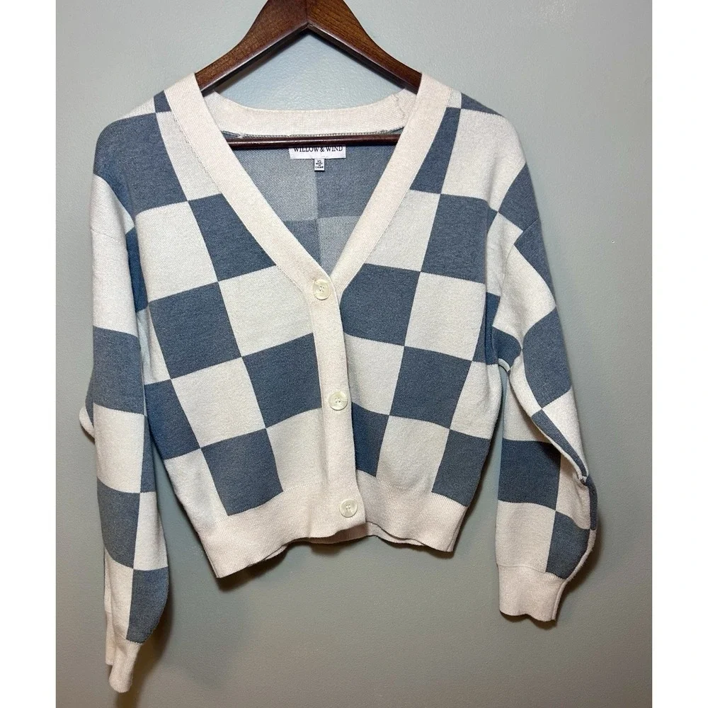 Willow‎ And Wind XS Checkered Cardigan Ivory/grey. Valentine's Girly Slay Crop - Picture 11 of 16